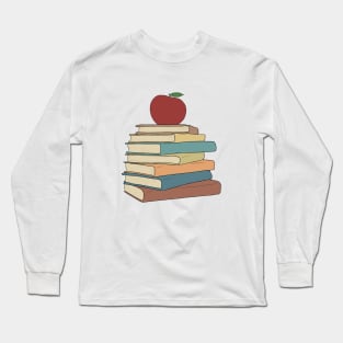 Apple on Book Stack - Red Apple & Books - Stack of Books with Apple Long Sleeve T-Shirt